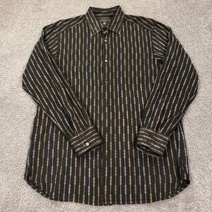 Jhane Barnes Shirt Mens Large Black Striped Silk Rayon Art Party Abstract